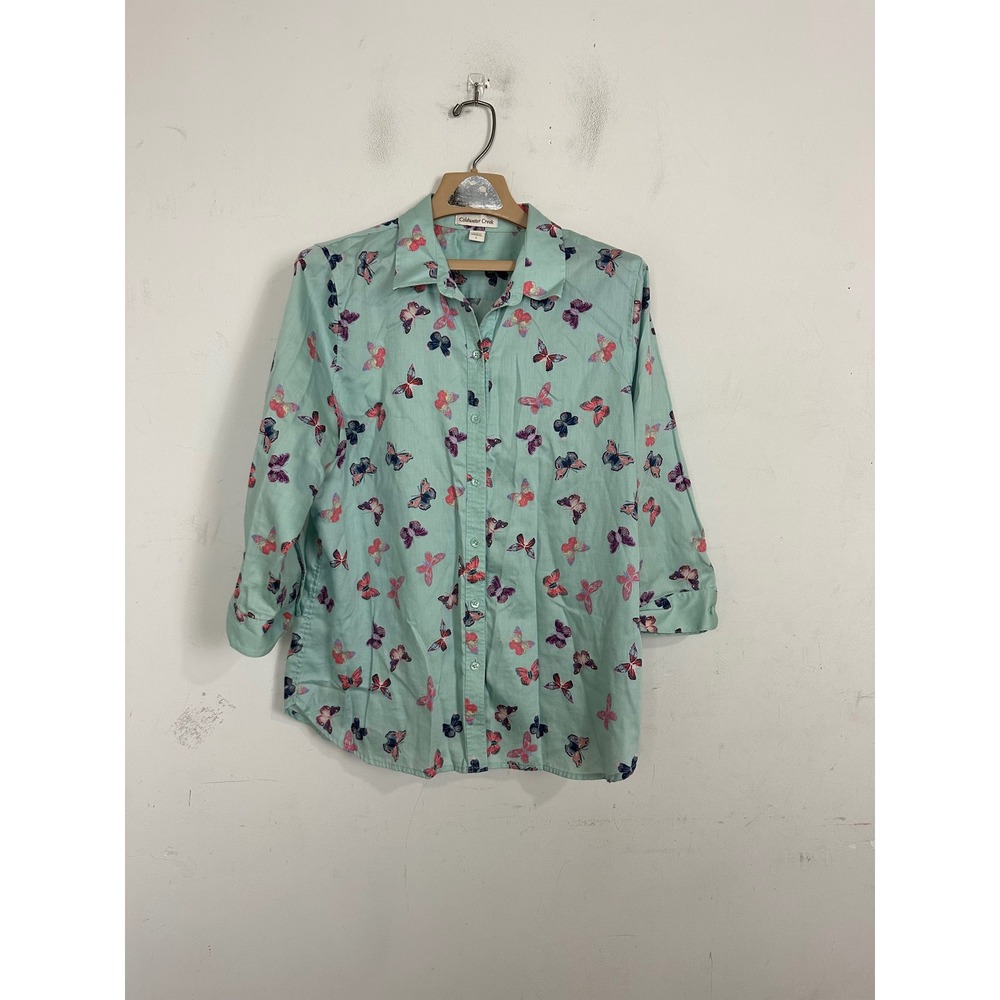 Coldwater Creek Womens L Butterfly Print Cotton Button Front 3/4 Sleeve Shirt